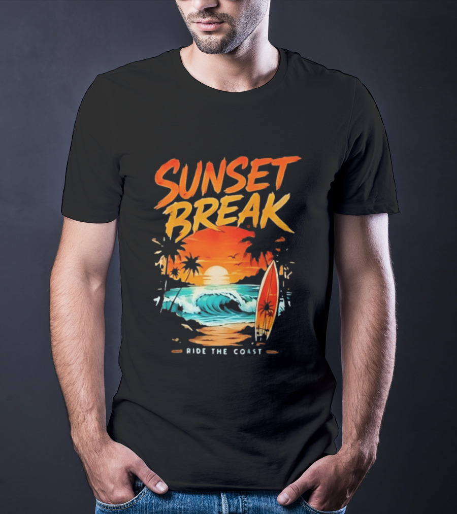 Sunset Break Surfing Ride The Coast Ocean Waves And Surfboard Scene T-Shirt