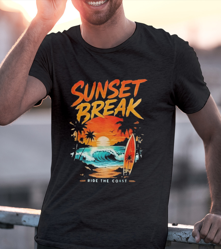 Sunset Break Surfing Ride The Coast Ocean Waves And Surfboard Scene T-Shirt