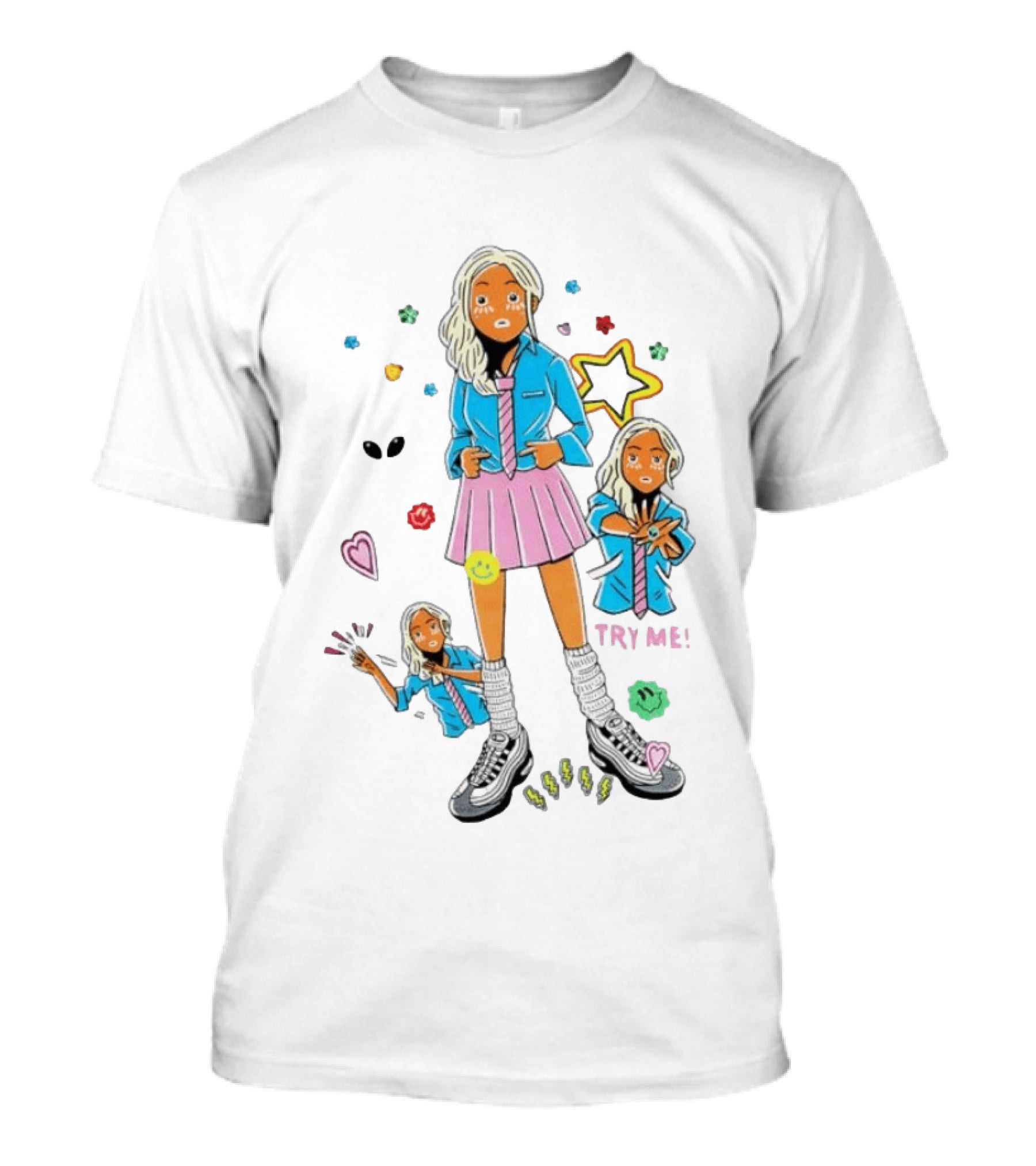 Anime School Girl Try Me Aesthetic Sticker Pastel Kawaii Vibe T-Shirt