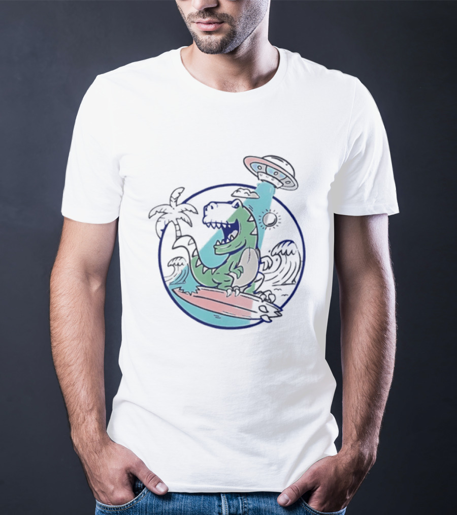 UFO Surfing Dinosaur With Palm Trees And Waves T-Shirt