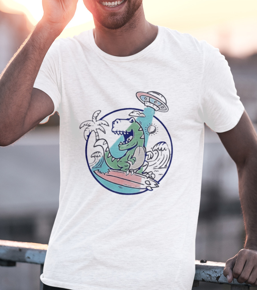 UFO Surfing Dinosaur With Palm Trees And Waves T-Shirt