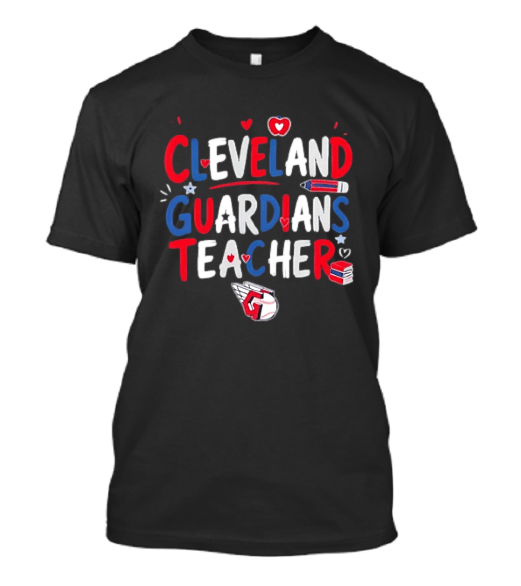 Cleveland Guardians Teacher Apple Pencil Baseball Heart Stars T-Shirt