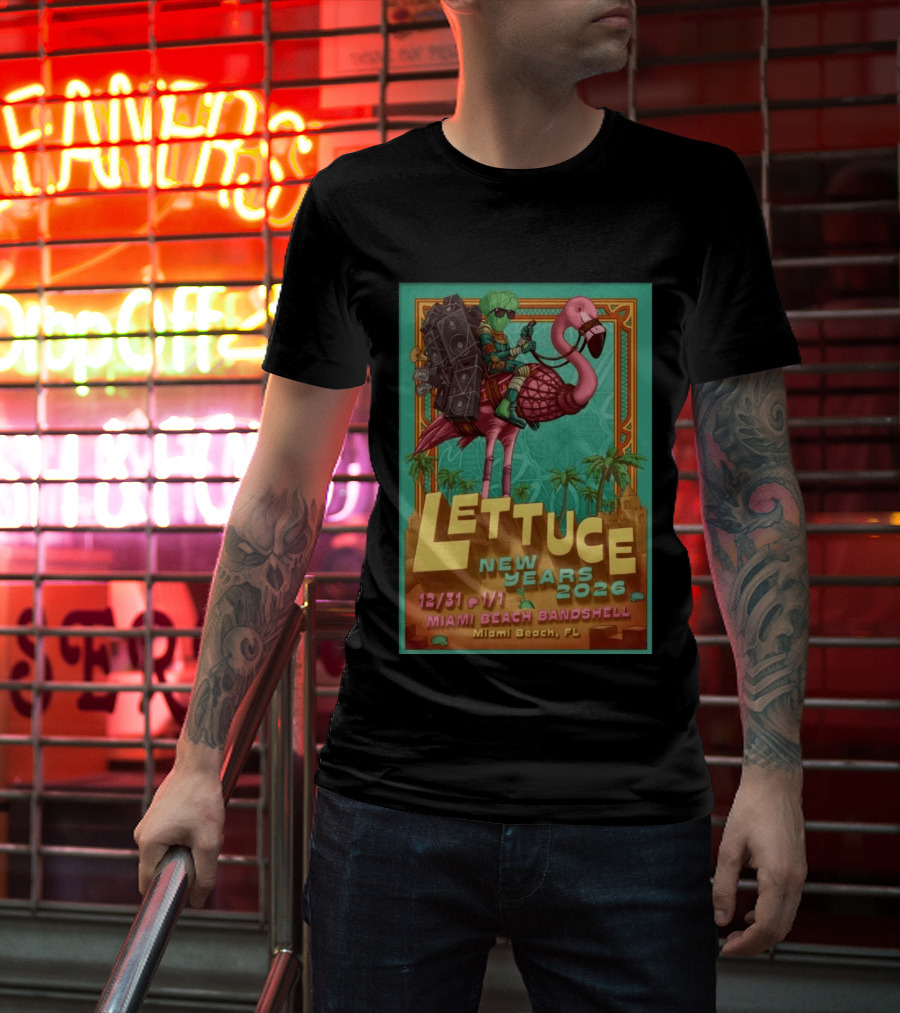 Lettuce New Years 2026 Miami Beach Bandshell Miami Beach FL With Sunglasses Flamingo And Speakers T-Shirt