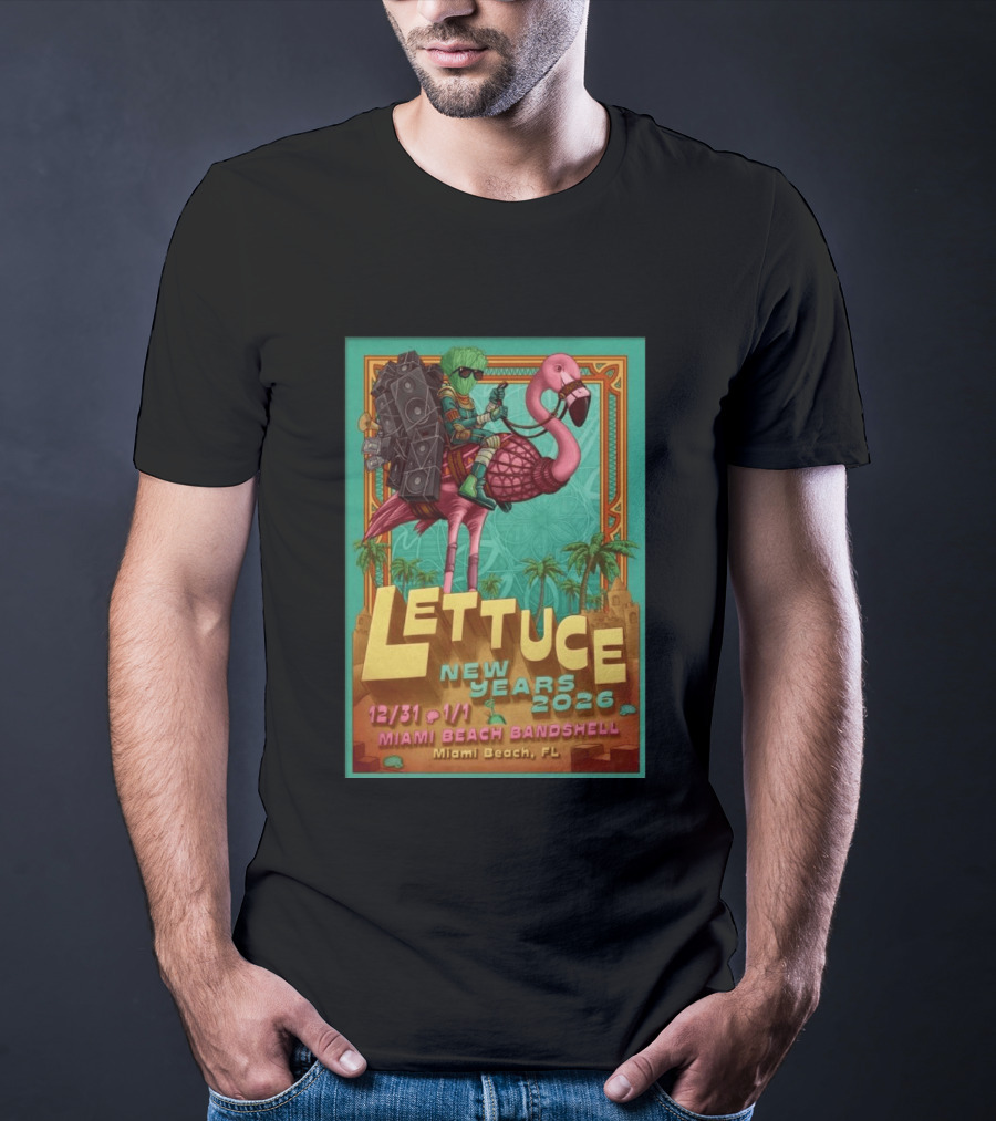 Lettuce New Years 2026 Miami Beach Bandshell Miami Beach FL With Sunglasses Flamingo And Speakers T-Shirt