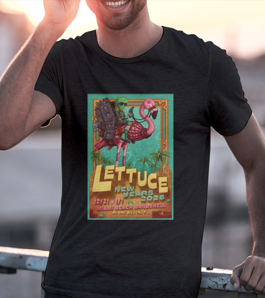 Lettuce New Years 2026 Miami Beach Bandshell Miami Beach FL With Sunglasses Flamingo And Speakers T-Shirt
