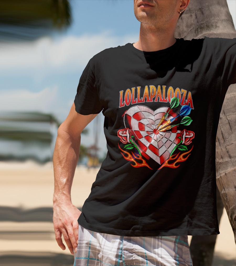 Lollapalooza Heart Dartboard With Roses And Flames T-Shirt