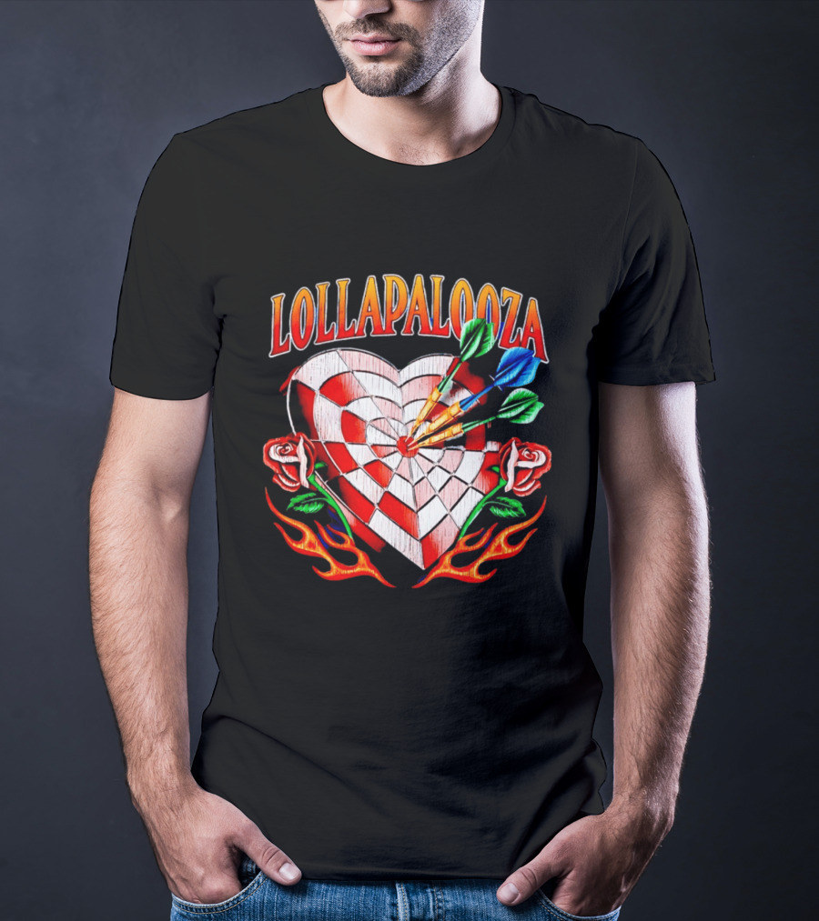 Lollapalooza Heart Dartboard With Roses And Flames T-Shirt