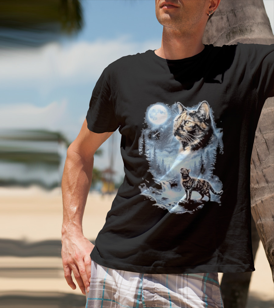 Tabby Cat Howling To The Moon Halloween Forest Scene T-Shirt