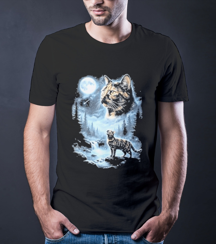 Tabby Cat Howling To The Moon Halloween Forest Scene T-Shirt