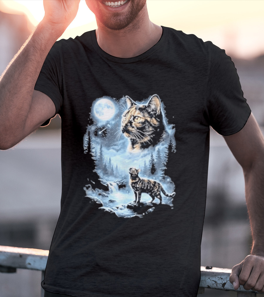 Tabby Cat Howling To The Moon Halloween Forest Scene T-Shirt