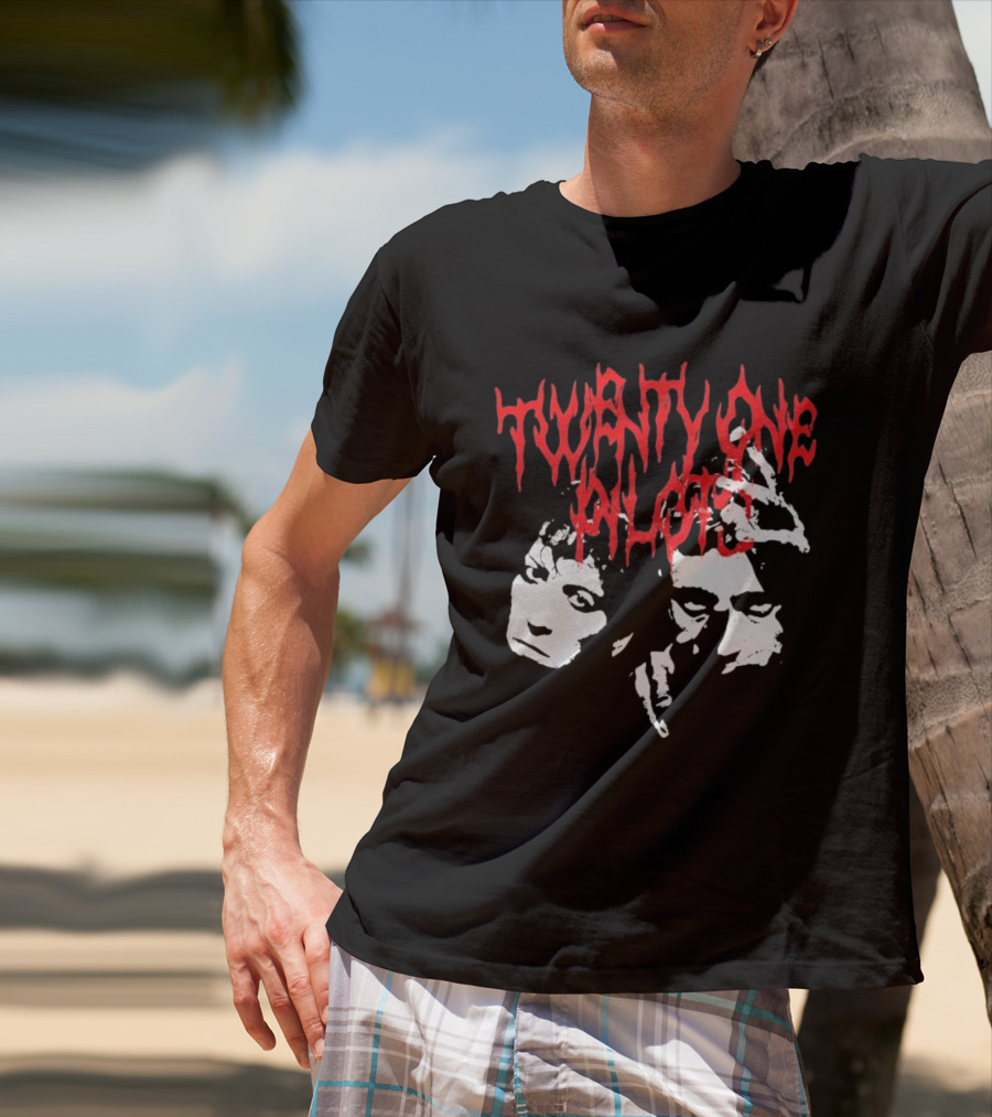 Twenty One Pilots Red Text Band Members Faces Dark Metal T-Shirt