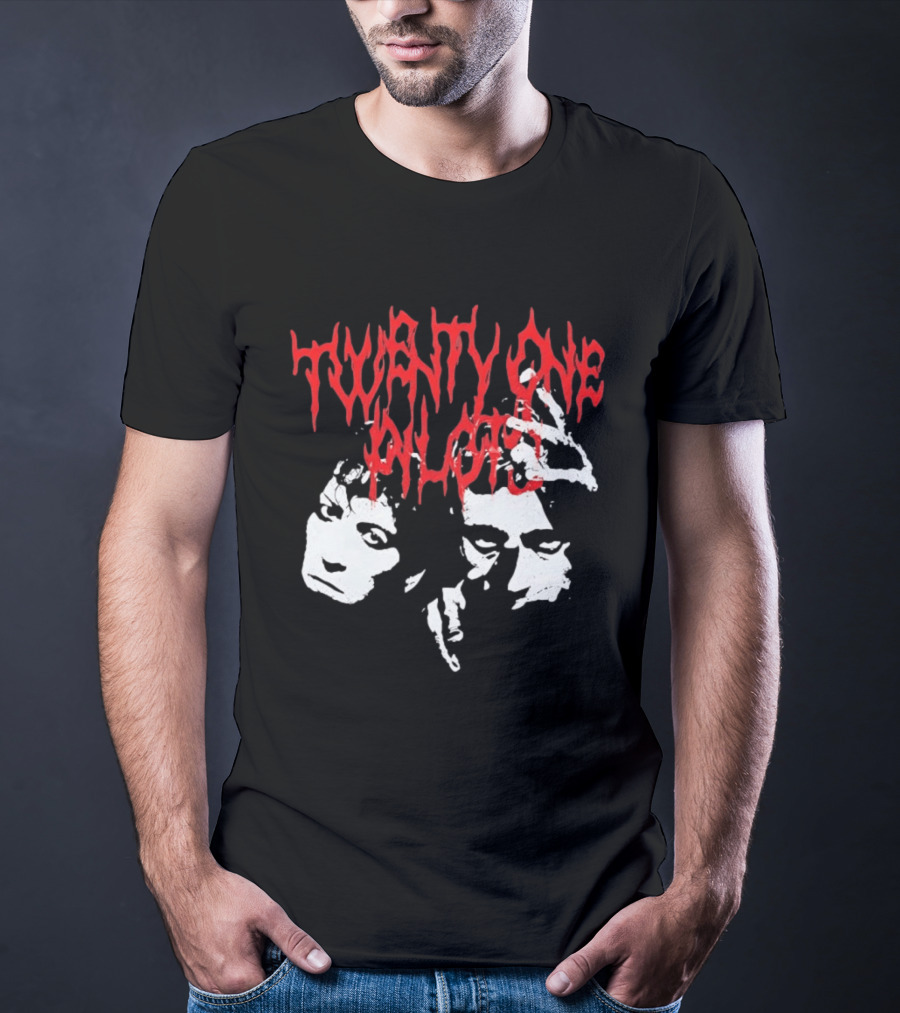 Twenty One Pilots Red Text Band Members Faces Dark Metal T-Shirt