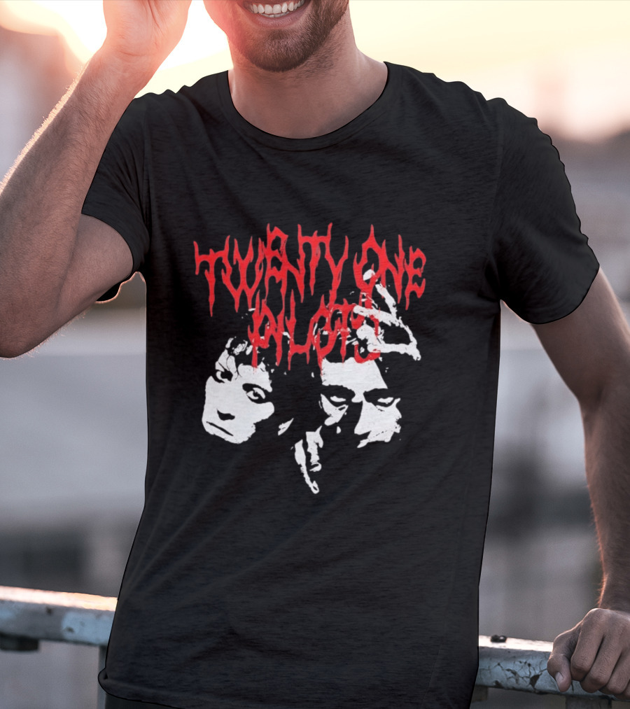Twenty One Pilots Red Text Band Members Faces Dark Metal T-Shirt
