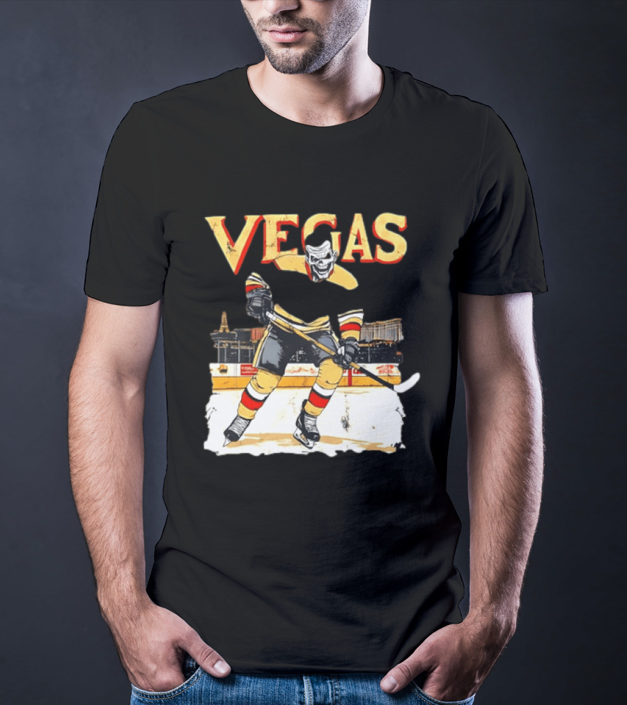 Vegas Hockey Skull Ice Arena Skyline Scene T-Shirt