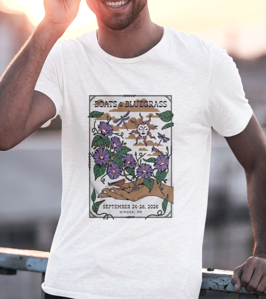 Boats And Bluegrass Winona MN September 24 26 2026 Sun Dragonflies Flowers Music Festival T-Shirt