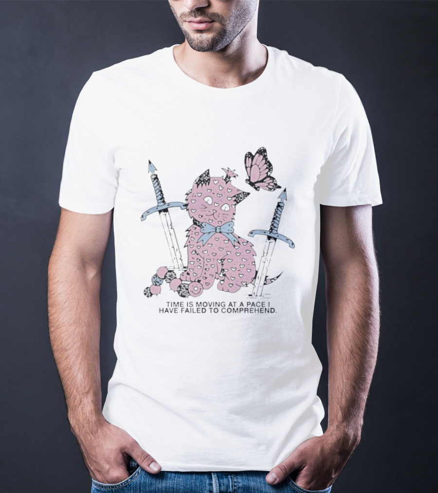 Pink Cat Butterfly Swords Time Is Moving At A Pace I Have Failed To Comprehend T-Shirt