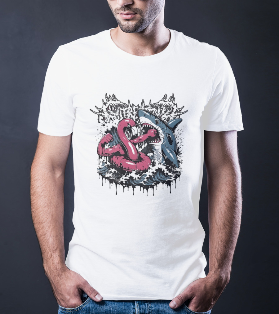 Flamingo Float Shark Fight Waves Duel T-Shirt