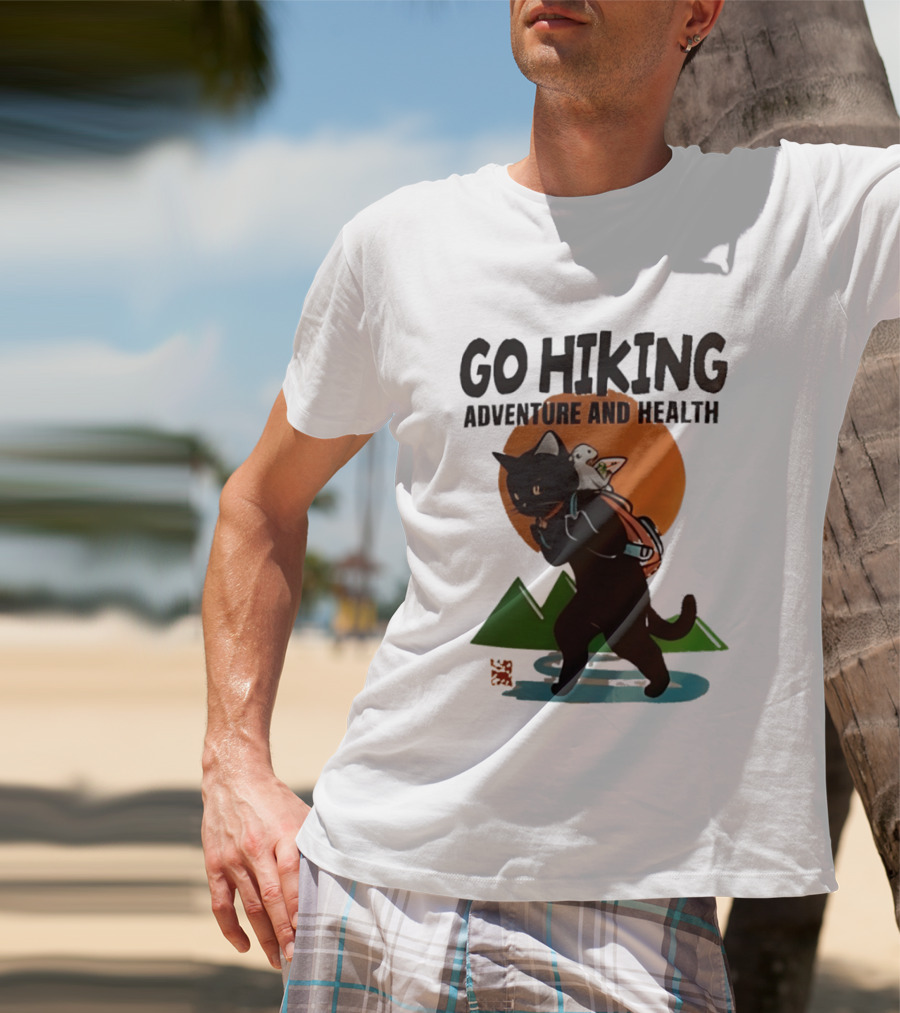 Go Hiking Adventure And Health Black Cat With Backpack And Bird T-Shirt