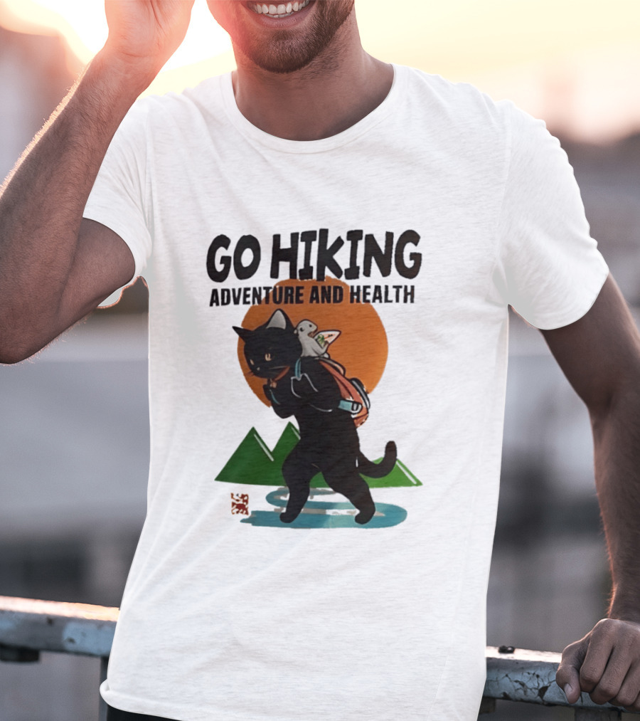 Go Hiking Adventure And Health Black Cat With Backpack And Bird T-Shirt