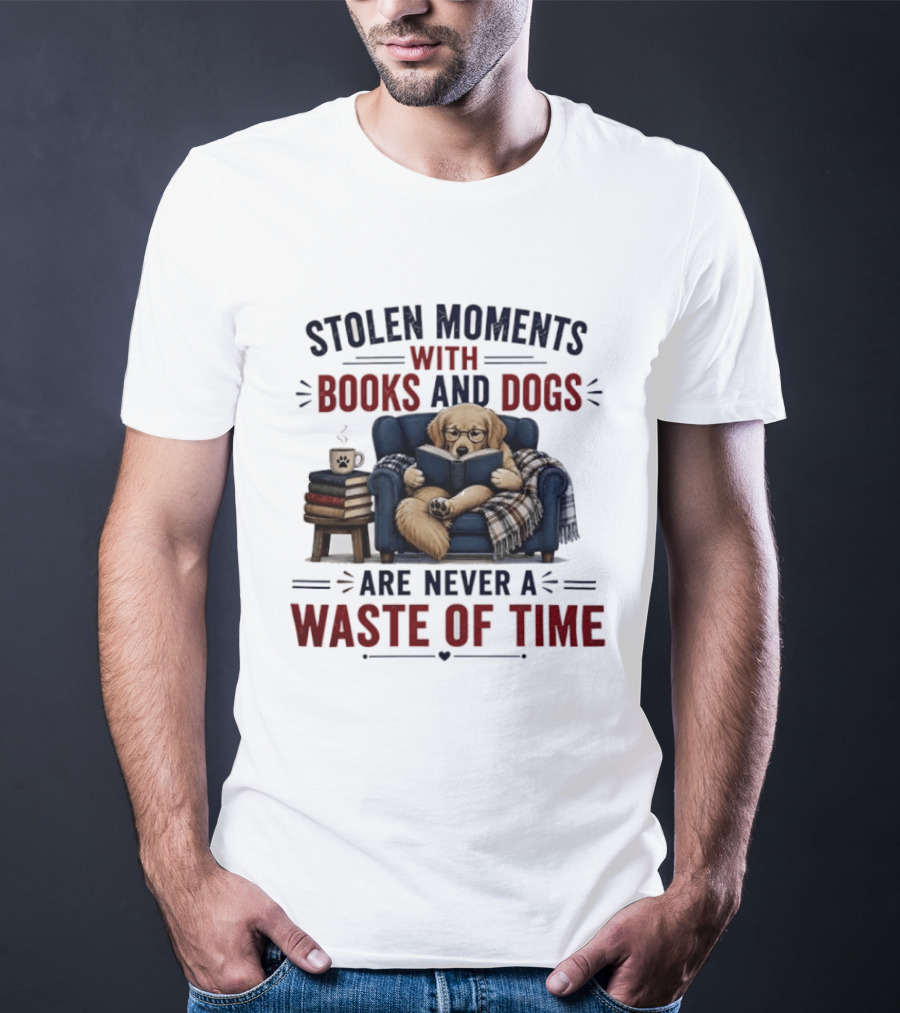Stolen Moments With Books And Dogs Are Never A Waste Of Time Golden Retriever Reading T-Shirt