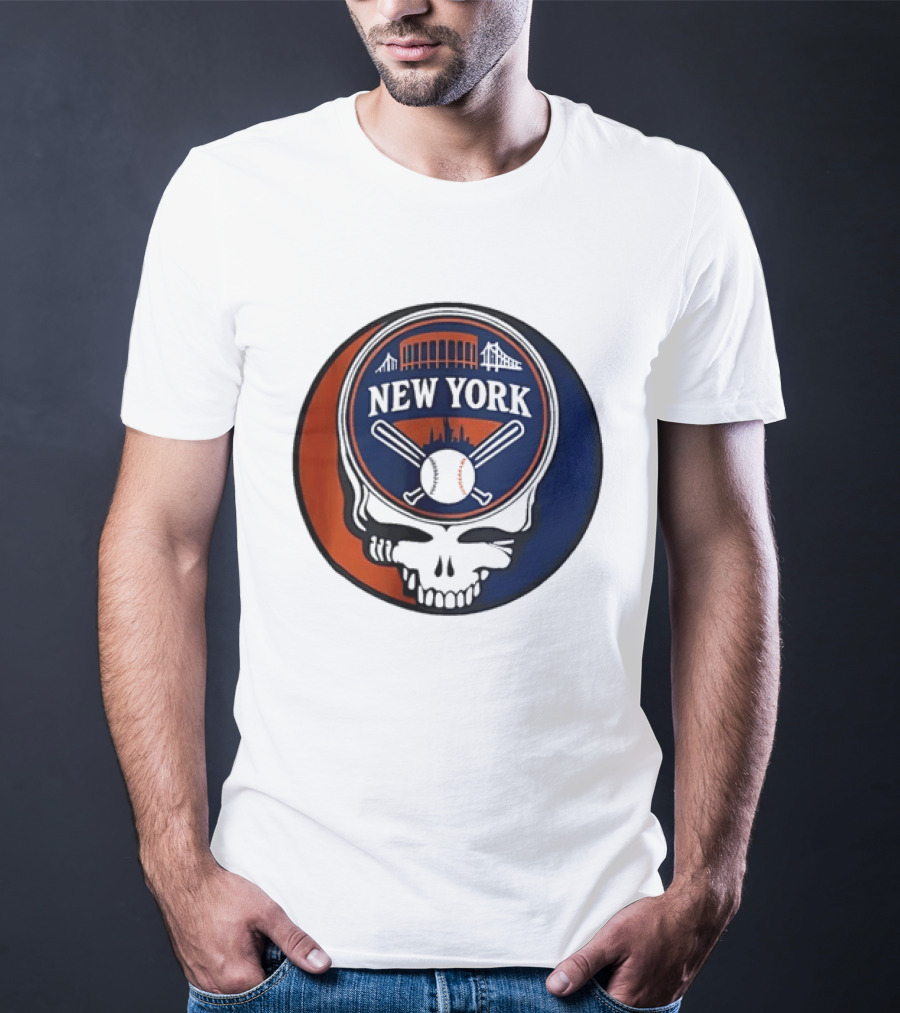 New York Mets Grateful Dead Skull Baseball Orange Blue Stadium T-Shirt