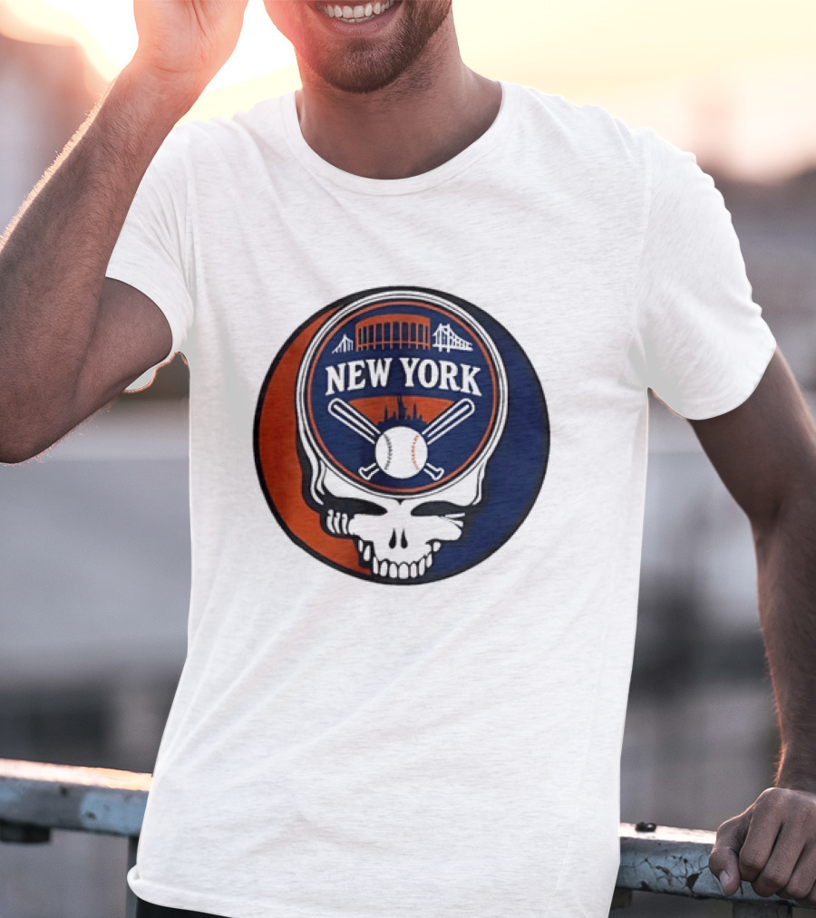 New York Mets Grateful Dead Skull Baseball Orange Blue Stadium T-Shirt