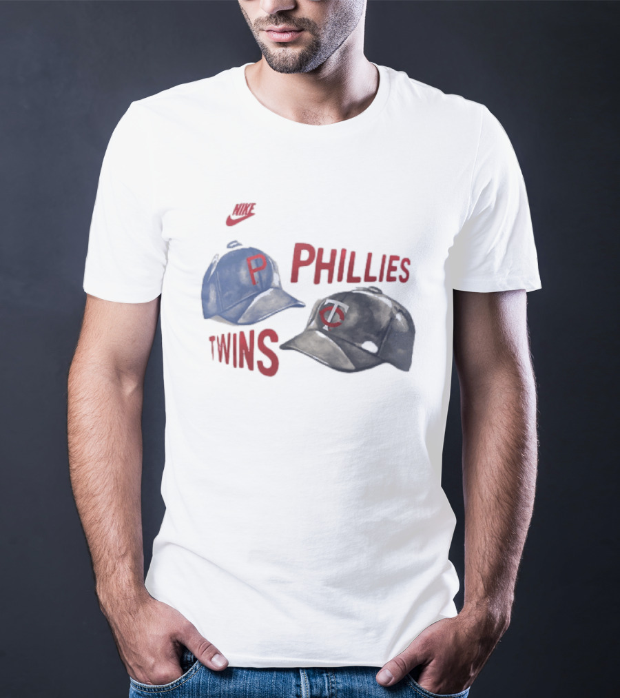 Philadelphia Phillies P Baseball Cap And Minnesota Twins TC Hat Iconic Collaboration With Retro Nike Swoosh T-Shirt