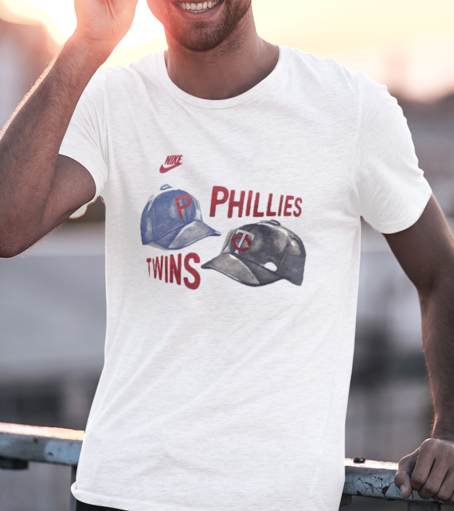 Philadelphia Phillies P Baseball Cap And Minnesota Twins TC Hat Iconic Collaboration With Retro Nike Swoosh T-Shirt