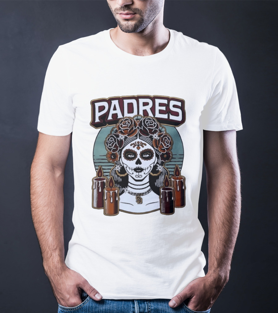 Padres Sugar Skull Woman With SD Pendant And Candles T-Shirt
