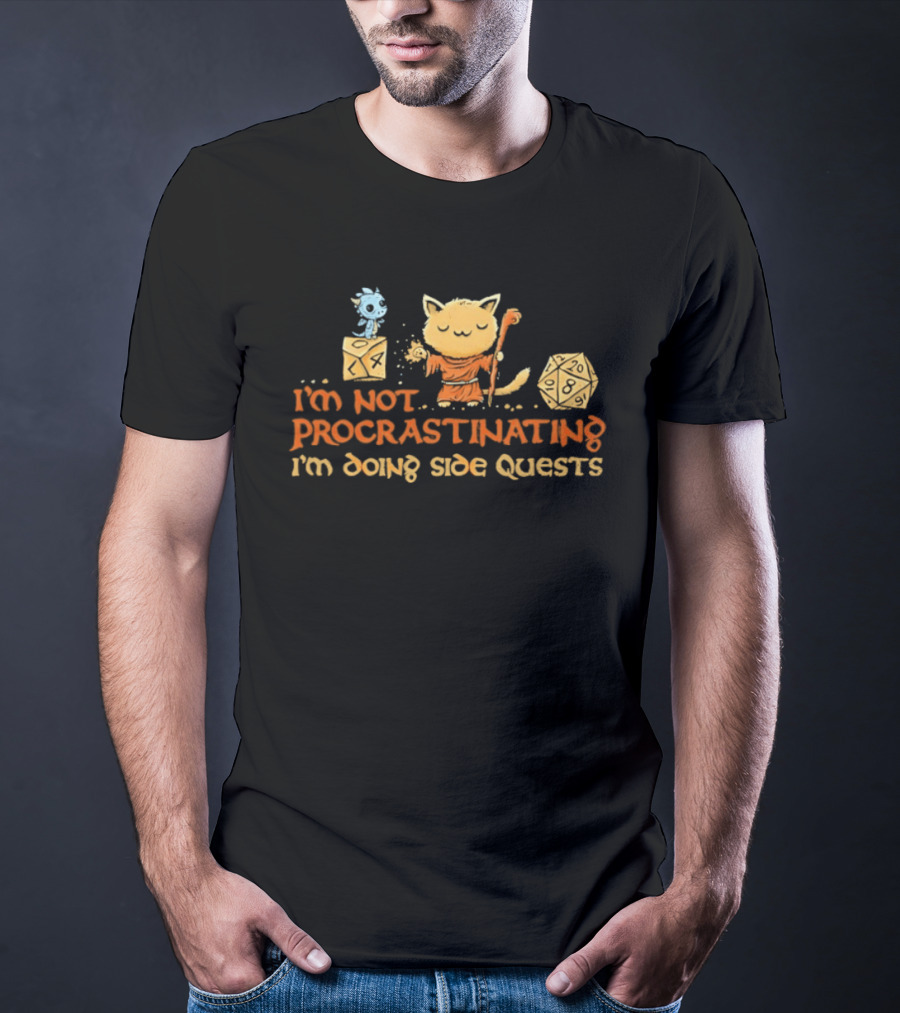 I'm Not Procrastinating I'm Doing Side Quests Cat Wizard Magic Adventure T-Shirt