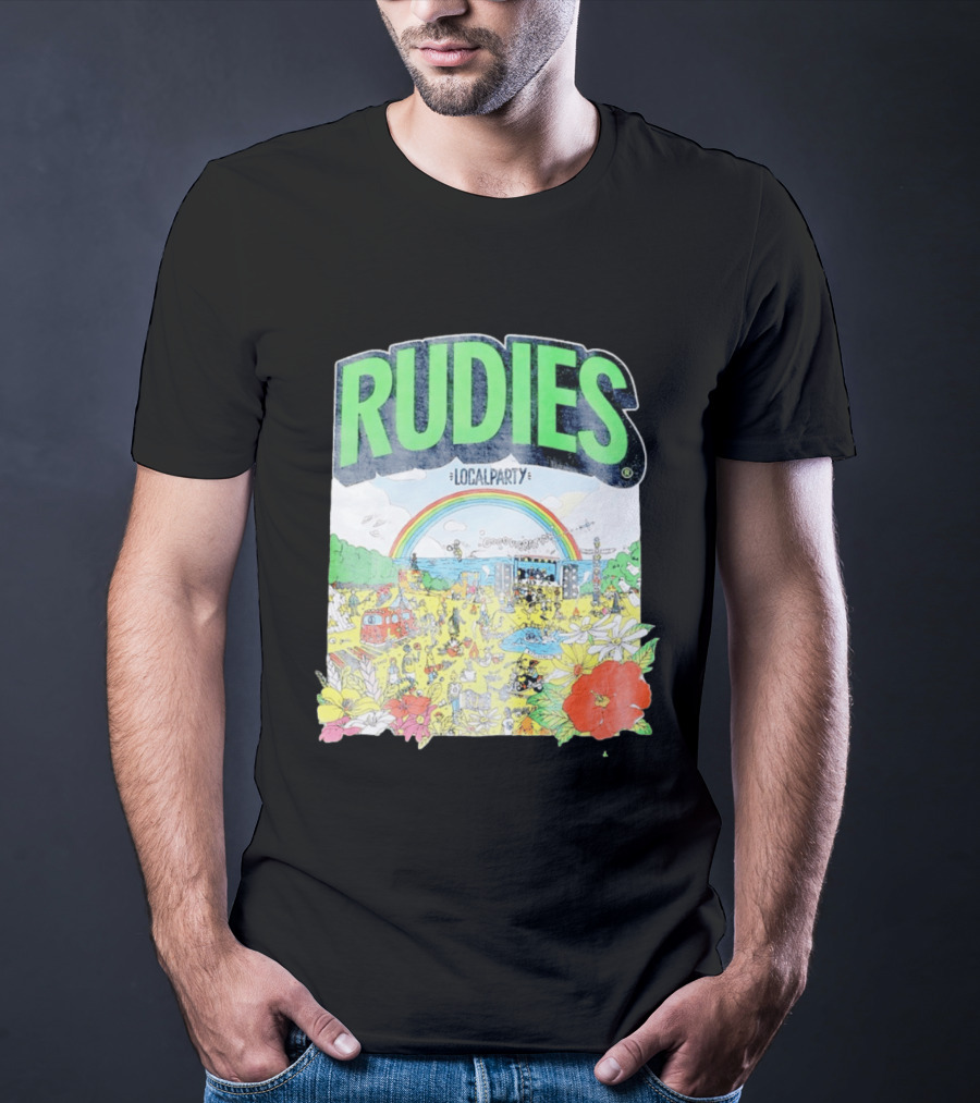 Rudie's 35th Anniversary Local Party Featuring 10 Feet G Freak Factory Dustboz Colorful Celebration With Rainbow And Flowers T-Shirt