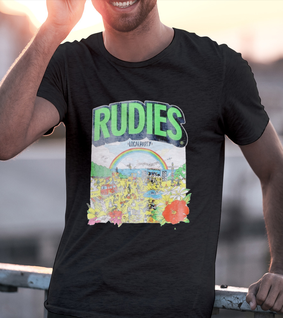 Rudie's 35th Anniversary Local Party Featuring 10 Feet G Freak Factory Dustboz Colorful Celebration With Rainbow And Flowers T-Shirt