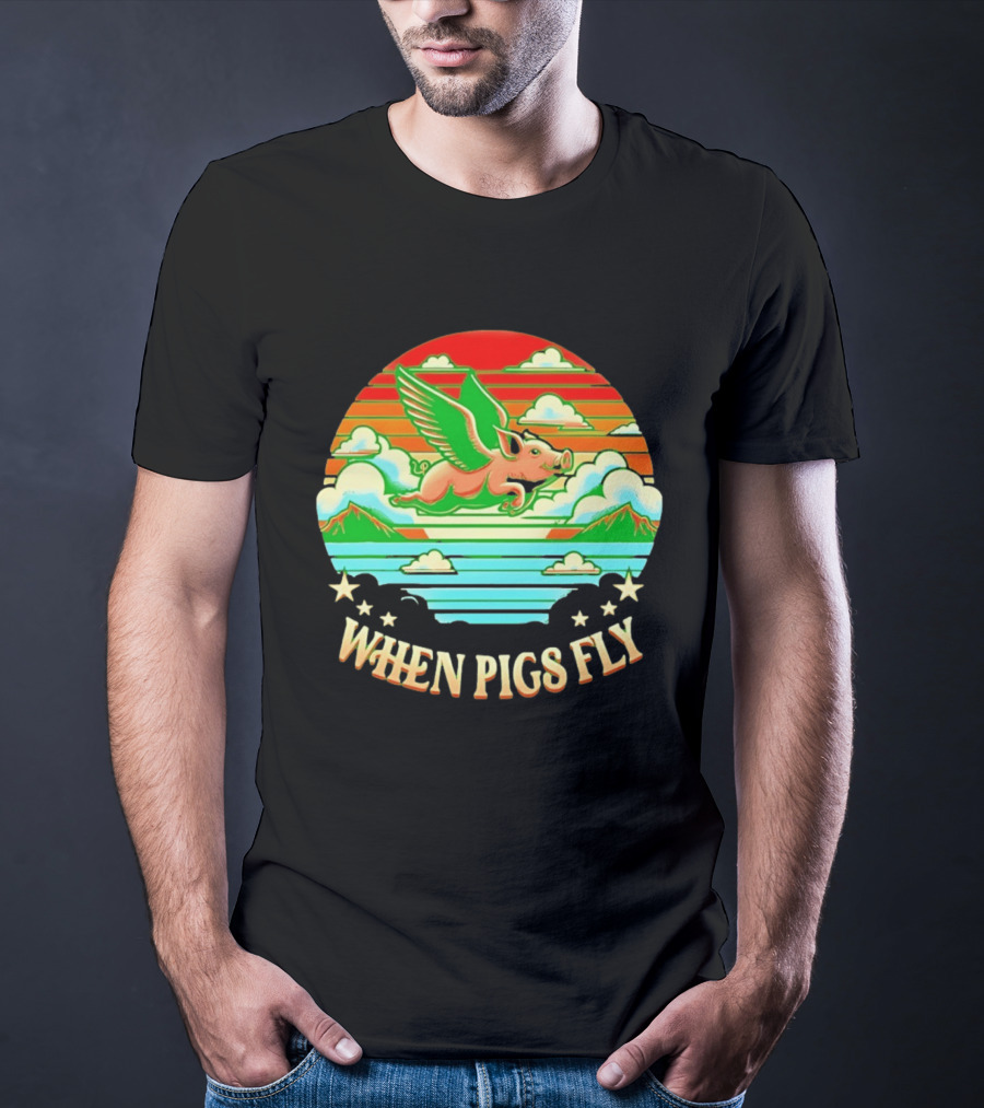 When Pigs Fly Flying Pig Whimsical Clouds And Stars T-Shirt