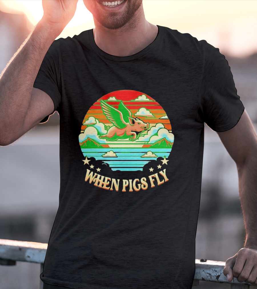 When Pigs Fly Flying Pig Whimsical Clouds And Stars T-Shirt