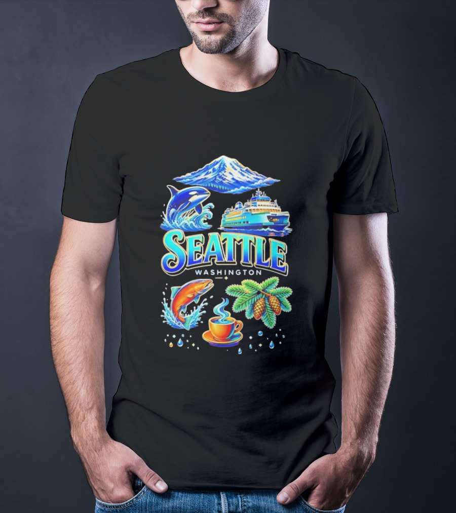 Seattle Washington Orca Whale Ferry Salmon Coffee Pine Cones Mount Rainier T-Shirt