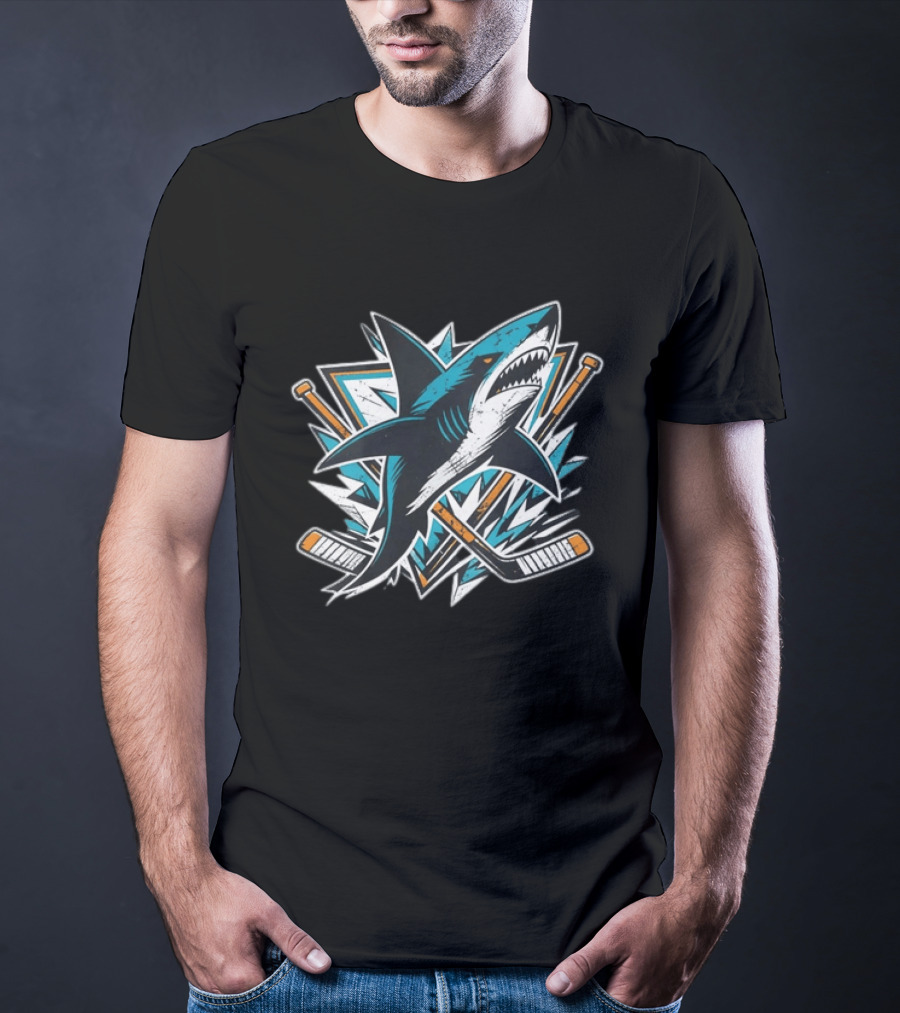 San Jose Sharks Hockey Attack Emblem With Shark And Crossed Hockey Sticks T-Shirt
