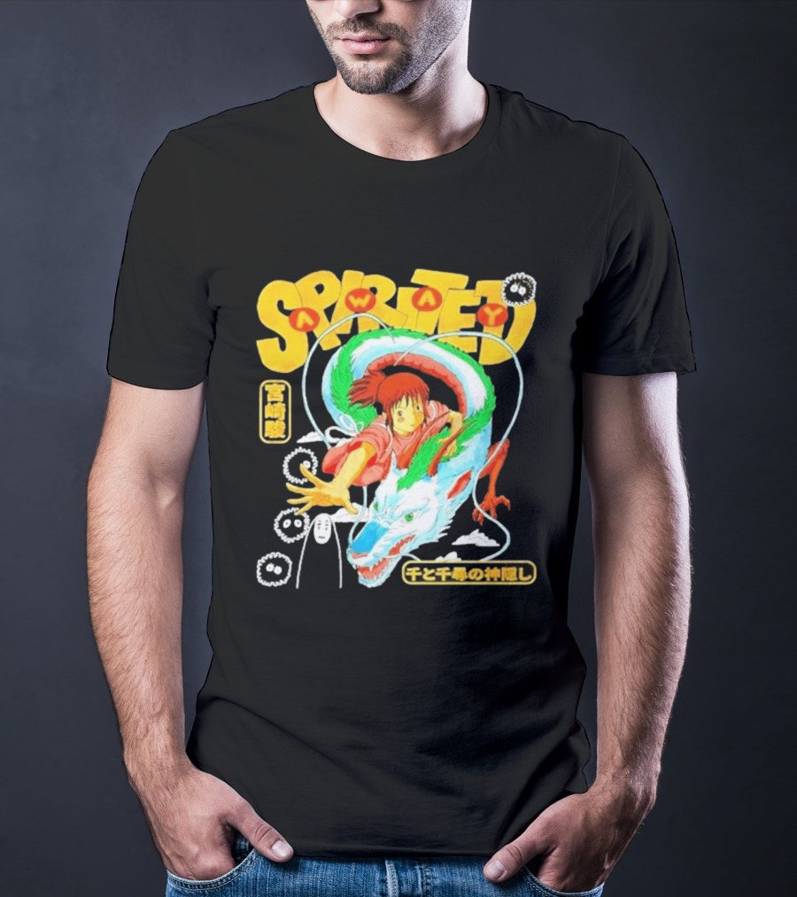 Spirited Away Chihiro Riding Haku Dragon Japanese Text No Face Soot Sprites T-Shirt