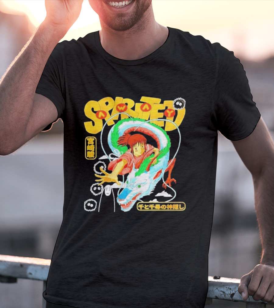 Spirited Away Chihiro Riding Haku Dragon Japanese Text No Face Soot Sprites T-Shirt
