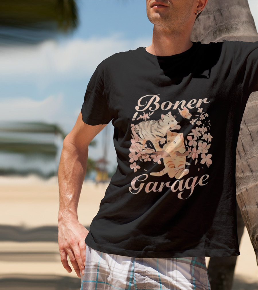 Boner Garage Cats Cherry Blossoms And Butterfly T-Shirt