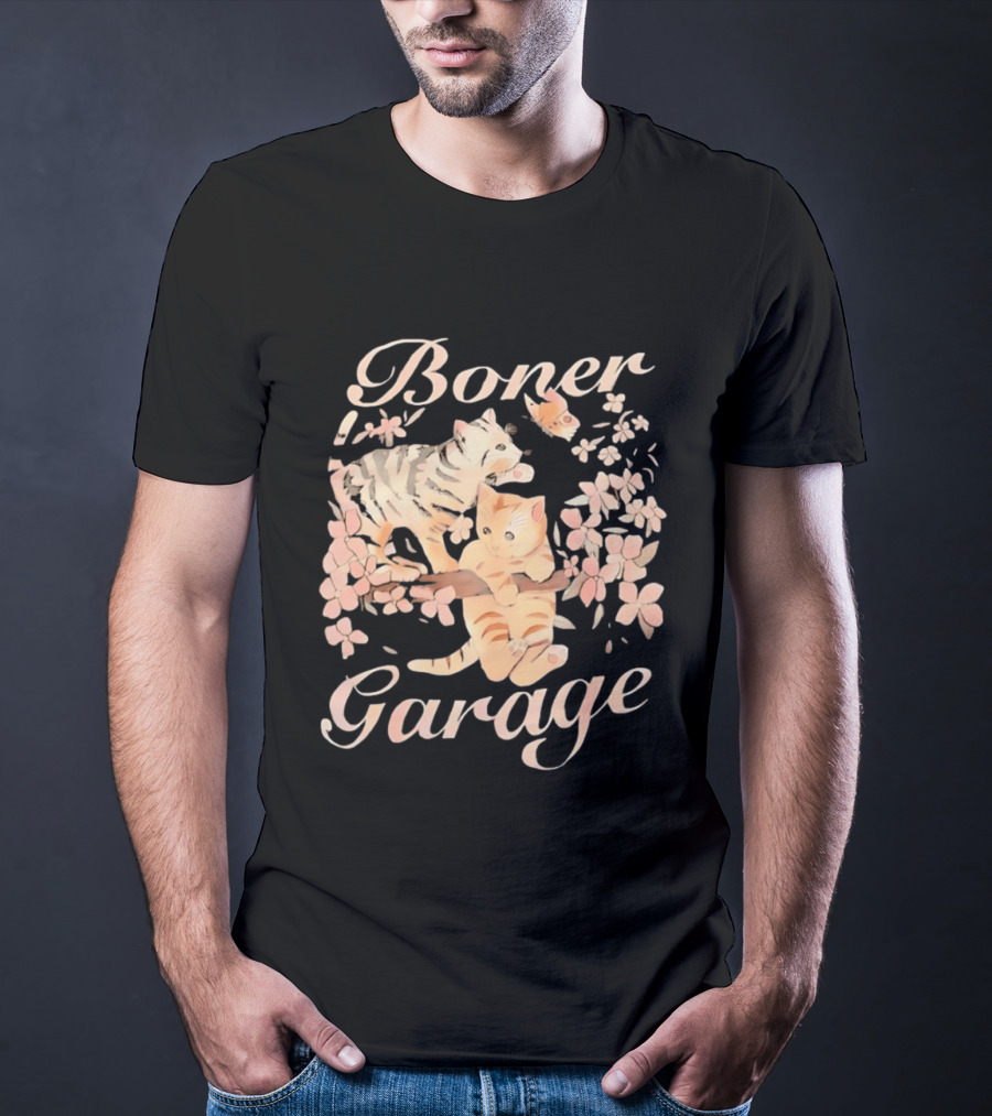 Boner Garage Cats Cherry Blossoms And Butterfly T-Shirt