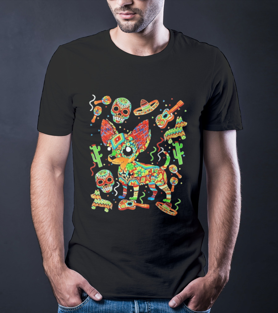 Fiesta Chihuahua Mexican Dia De Los Muertos Colorful Skull Sombrero Cactus Dog T-Shirt
