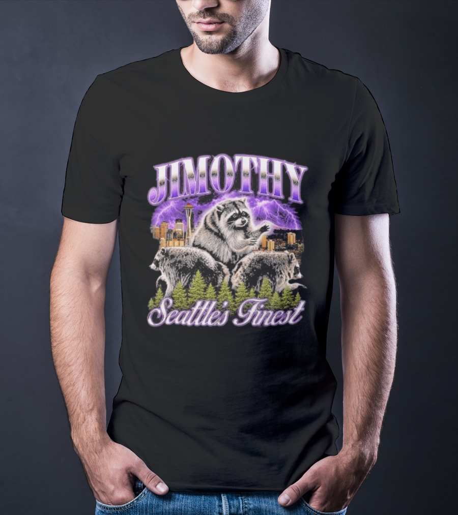 Jimothy Raccoon Seattle's Finest Purple Lightning Skyline And Forest T-Shirt