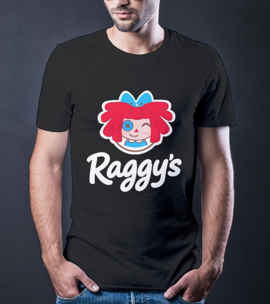Raggy's Raggedy Ann Cartoon Character Red Hair Blue Bow T-Shirt