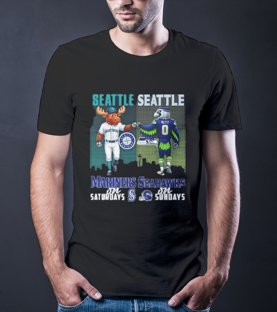 Seattle Mariners Moose And Seahawks Blitz On Saturdays Sundays T-Shirt