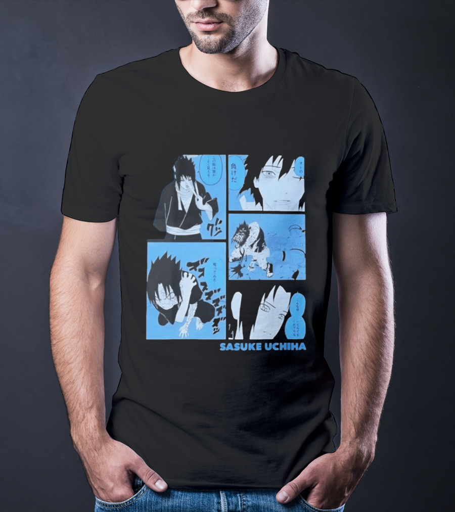 Sasuke Uchiha Cursed Seal Battle Manga Panels Blue Version T-Shirt