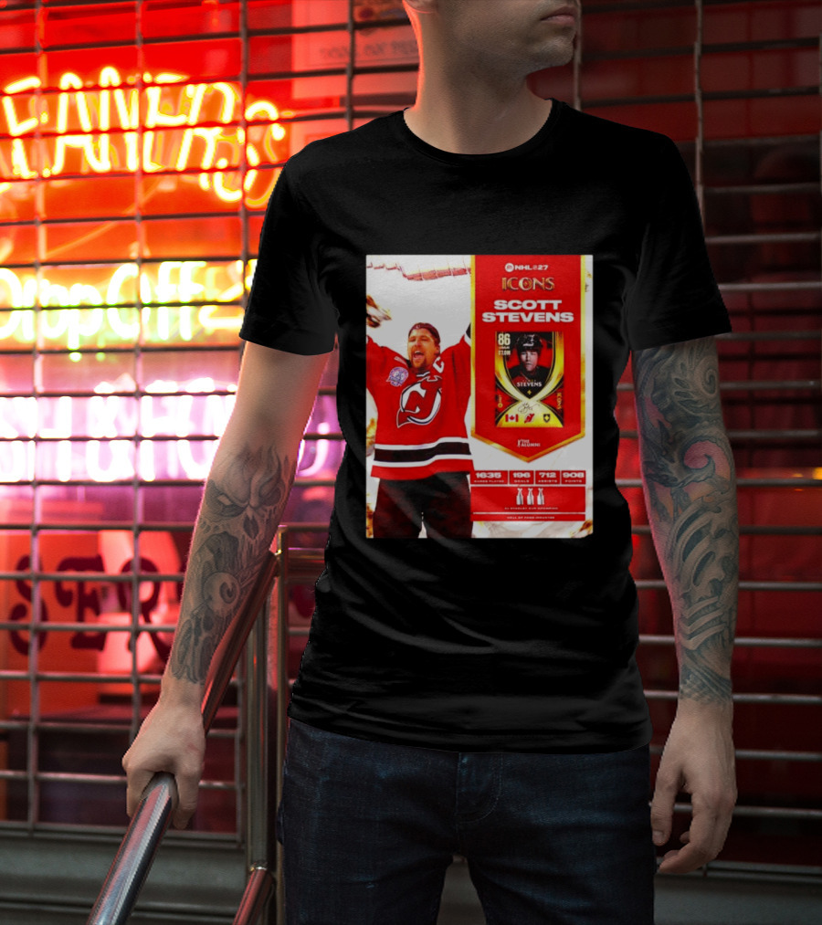 NHL 27 Icons Scott Stevens New Jersey Devils Hall Of Fame Legend T-Shirt