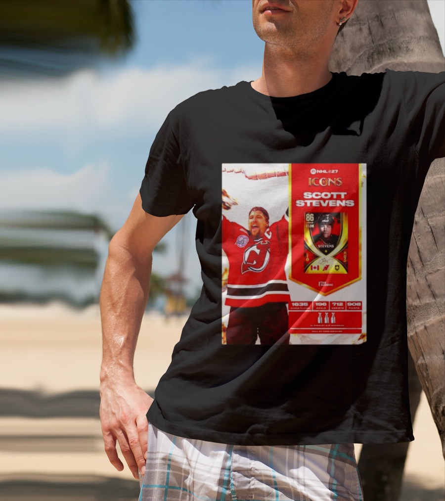 NHL 27 Icons Scott Stevens New Jersey Devils Hall Of Fame Legend T-Shirt