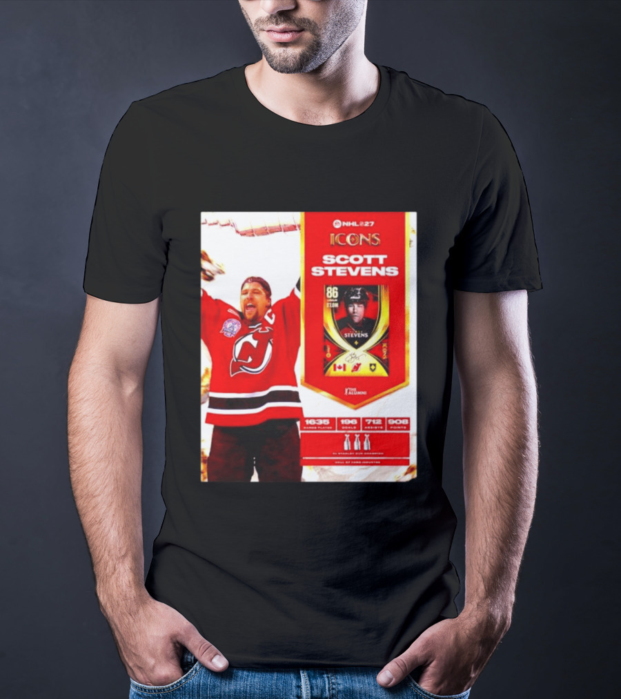 NHL 27 Icons Scott Stevens New Jersey Devils Hall Of Fame Legend T-Shirt