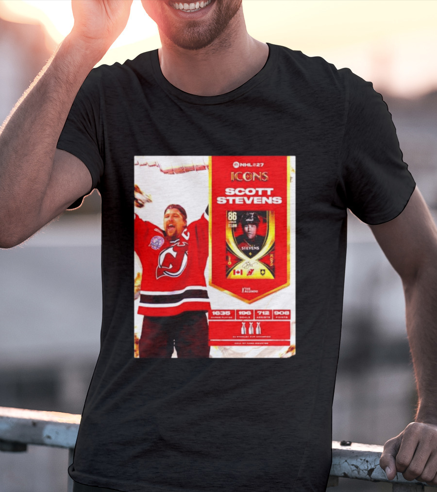 NHL 27 Icons Scott Stevens New Jersey Devils Hall Of Fame Legend T-Shirt