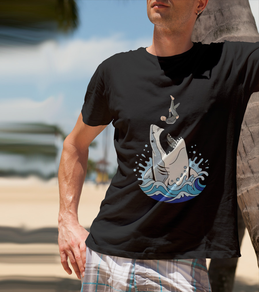 Great White Shark Surfer Falling Water Splash Scene T-Shirt